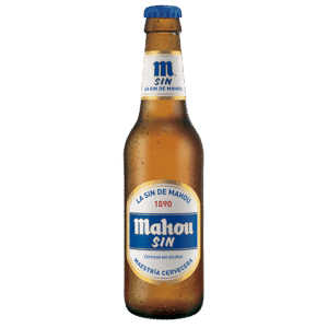Botellín Mahou Sin, refrescante y ligera, sin alcohol. Perfecta para acompañar quesadillas y platos mexicanos.