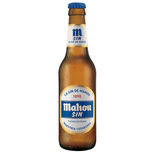 Botellín Mahou Sin, refrescante y ligera, sin alcohol. Perfecta para acompañar quesadillas y platos mexicanos.