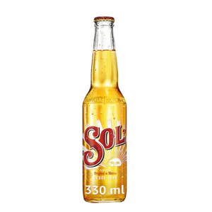 Sol 33 cl, cerveza clara, ligera y refrescante. Perfecta para acompañar quesadillas y platos mexicanos.