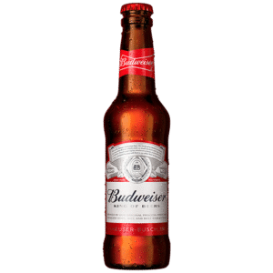 Doble de Budweiser 50 cl en Takeria Olmeka, cerveza fría con espuma, perfecta para acompañar platos mejicanos.
