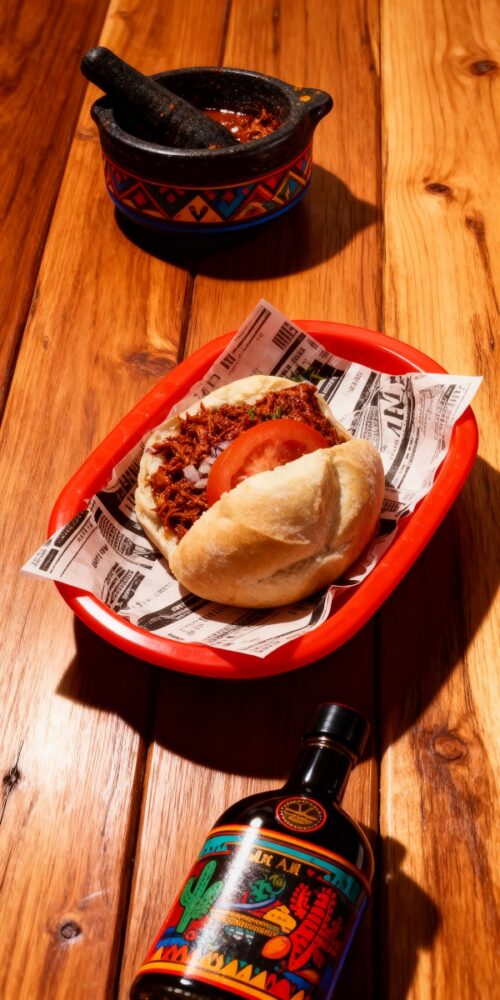 Tortas mexicanas de Takeria Olmeka, street food tradicional con pan crujiente y rellenos intensos inspirados en la cocina mexicana.